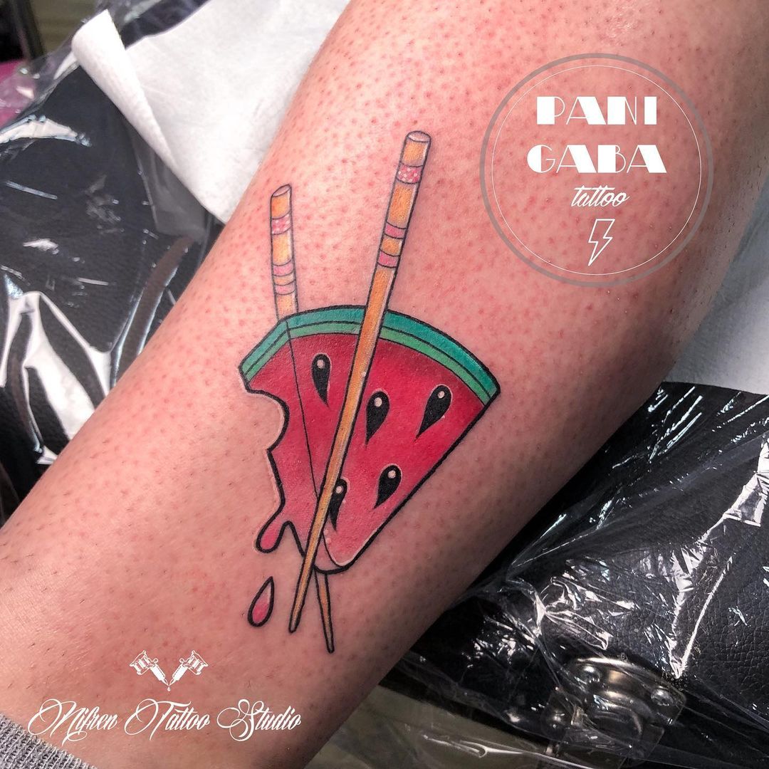 Chopstick watermelon tattoo by @panigaba_tattoo
