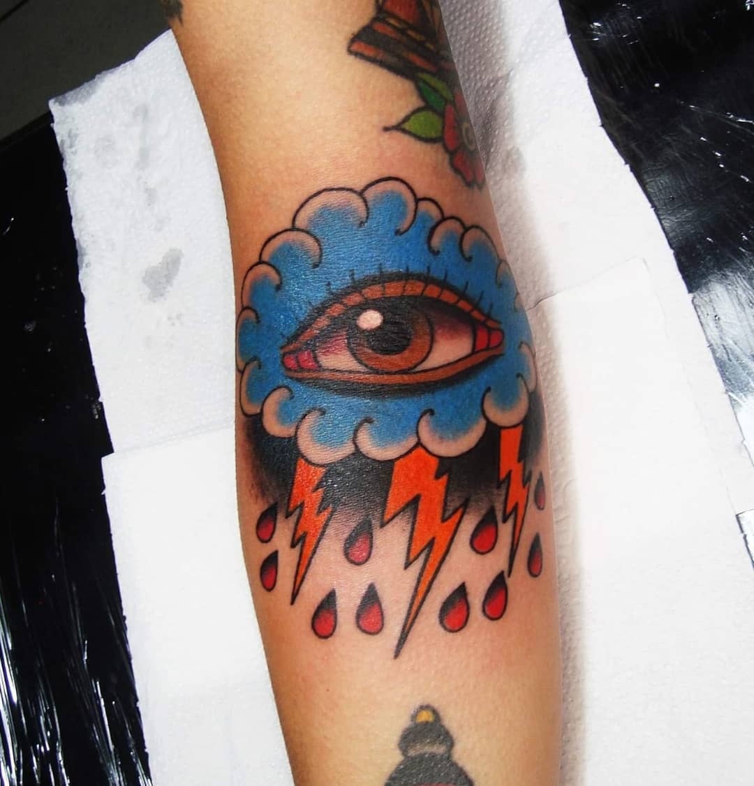 Colored cloud eye tattoo.