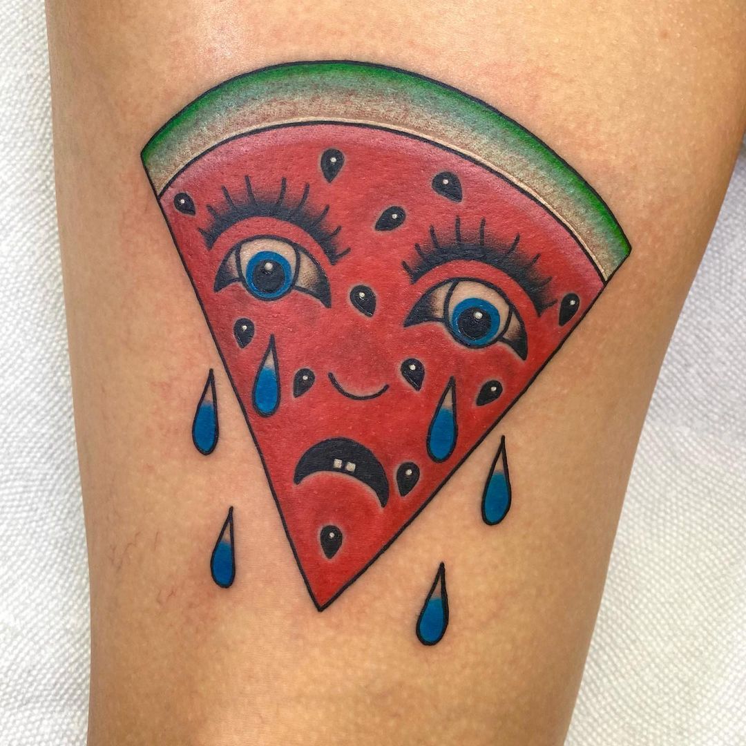Crying watermelon tattoo by @mikereedtattoo