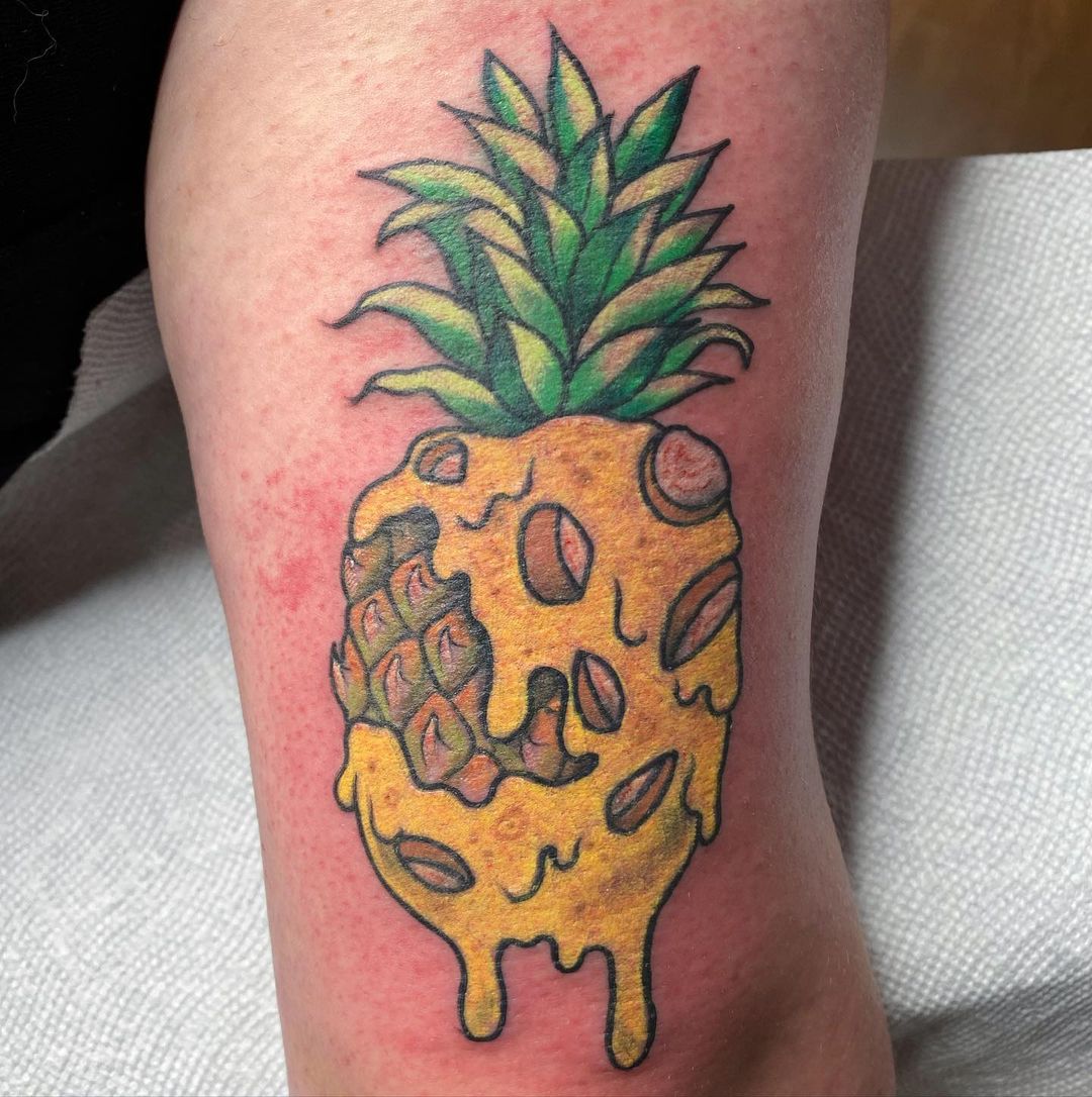 Pizza pineapple tattoo by @paigeelisetattoos