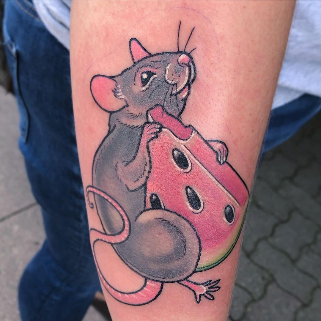 Rat watermelon tattoo by @melaniewayland