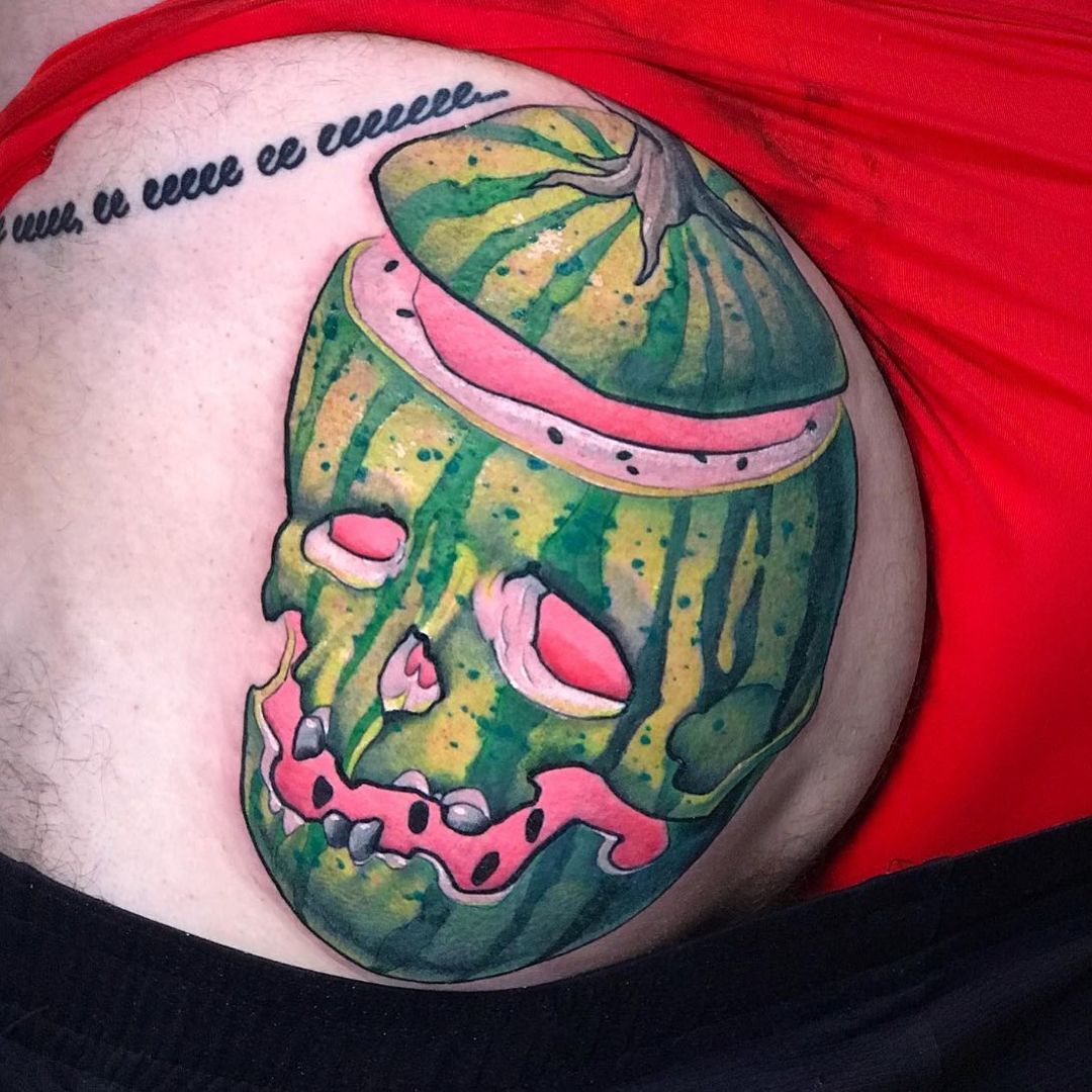 Skeleton watermelon tattoo by @fabletattoogallery