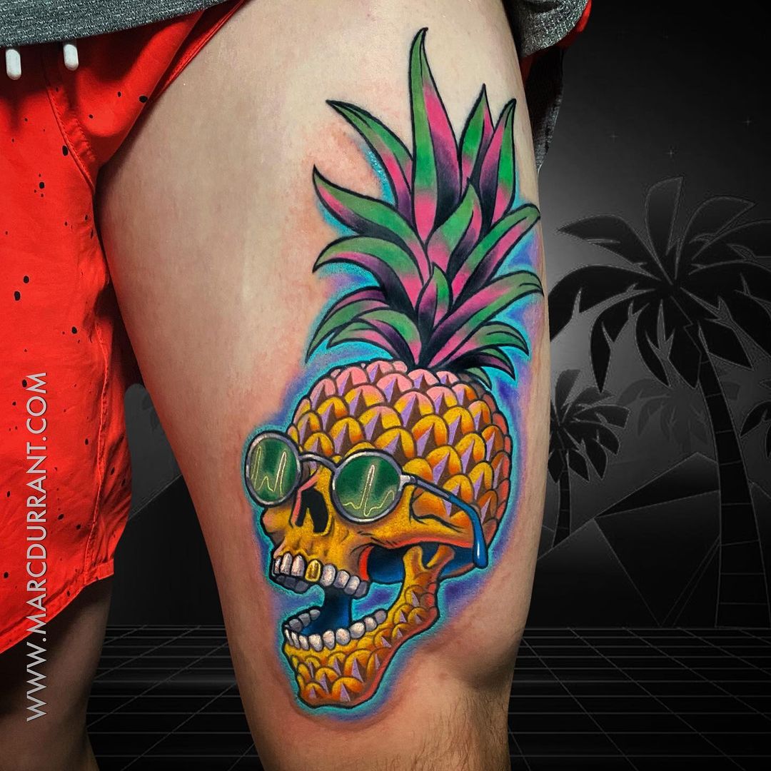 Skull shaped pineapple tattoo by @marcdurrant