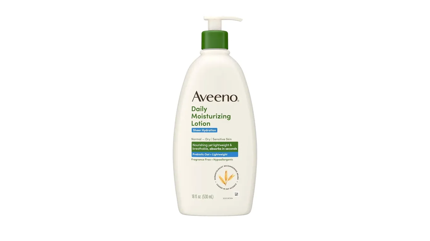 A pump bottle of Aveeno Daily Moisturizing Lotion Sheer Hydration, labelled fragrance free and hypoallergenic, 18 fl oz