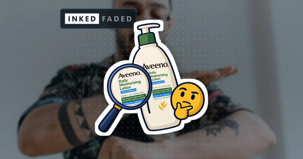 An illustrated bottle of Aveeno Daily Moisturizing Lotion with a magnifying glass over its label and a thinking face beside it, on a darkened photo of a man applying lotion to his tattooed forearm
