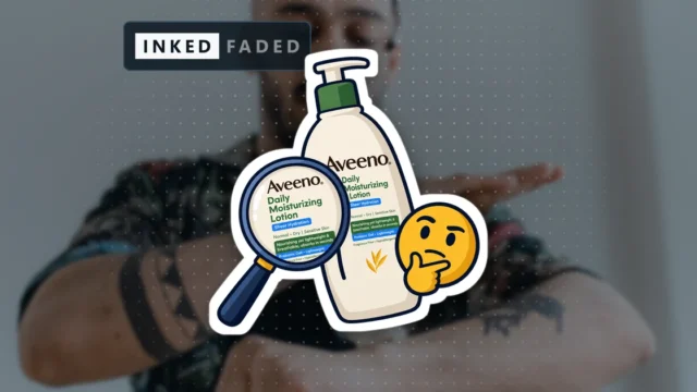 An illustrated bottle of Aveeno Daily Moisturizing Lotion with a magnifying glass over its label and a thinking face beside it, on a darkened photo of a man applying lotion to his tattooed forearm