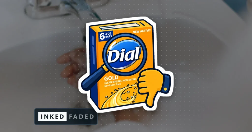 An illustrated box of Dial Gold deodorant soap bars with a magnifying glass over its label and a thumbs-down beside it, on a darkened photo of soapy hands being washed under a bathroom tap