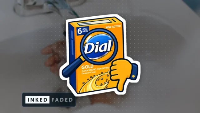 An illustrated box of Dial Gold deodorant soap bars with a magnifying glass over its label and a thumbs-down beside it, on a darkened photo of soapy hands being washed under a bathroom tap