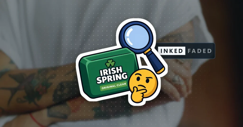 An illustrated green bar of Irish Spring Original Clean soap with a magnifying glass above it and a thinking face beside it, on a darkened photo of crossed tattooed forearms