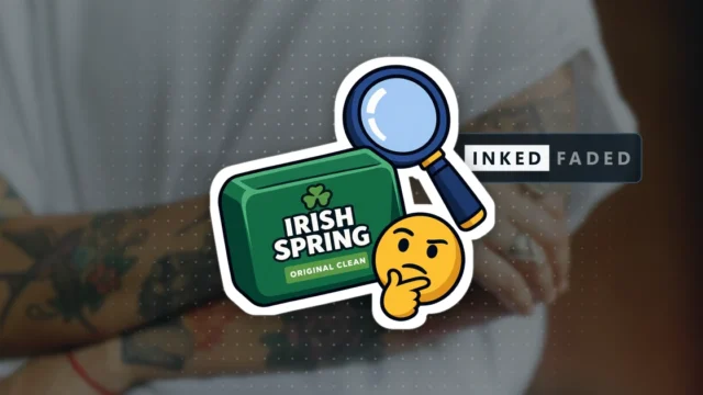 An illustrated green bar of Irish Spring Original Clean soap with a magnifying glass above it and a thinking face beside it, on a darkened photo of crossed tattooed forearms
