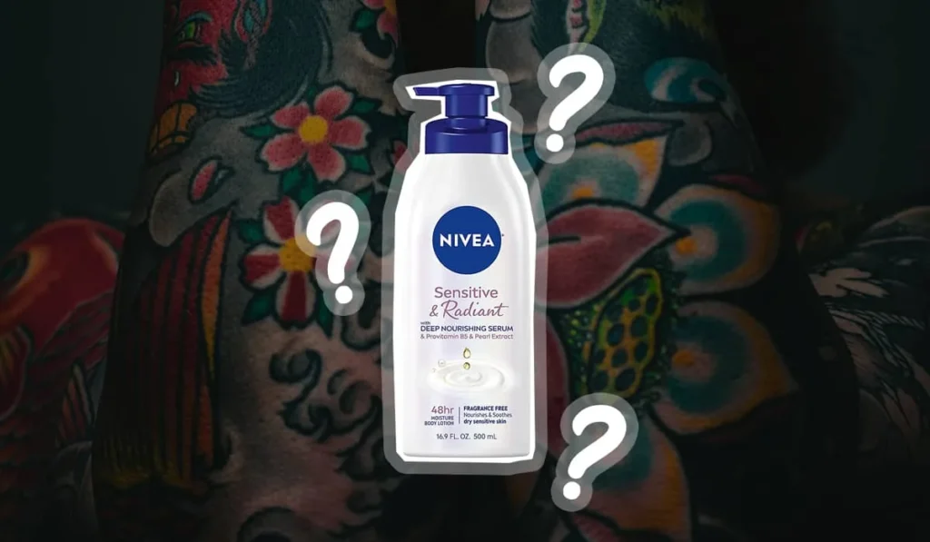 A bottle of Nivea Sensitive and Radiant body lotion shown against a colourful floral sleeve tattoo, with question marks around it