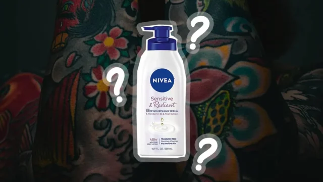 A bottle of Nivea Sensitive and Radiant body lotion shown against a colourful floral sleeve tattoo, with question marks around it
