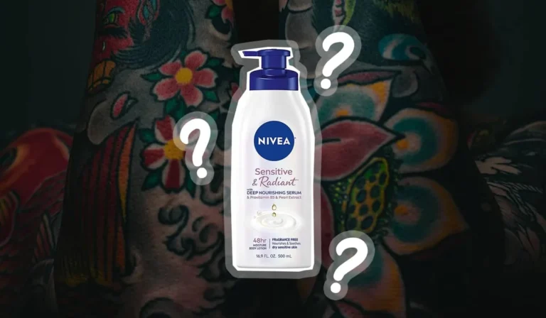 A bottle of Nivea Sensitive and Radiant body lotion shown against a colourful floral sleeve tattoo, with question marks around it