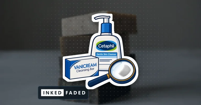 An illustrated Vanicream cleansing bar carton and a Cetaphil cleanser pump bottle with a magnifying glass, on a darkened photo of a stack of plain bar soaps