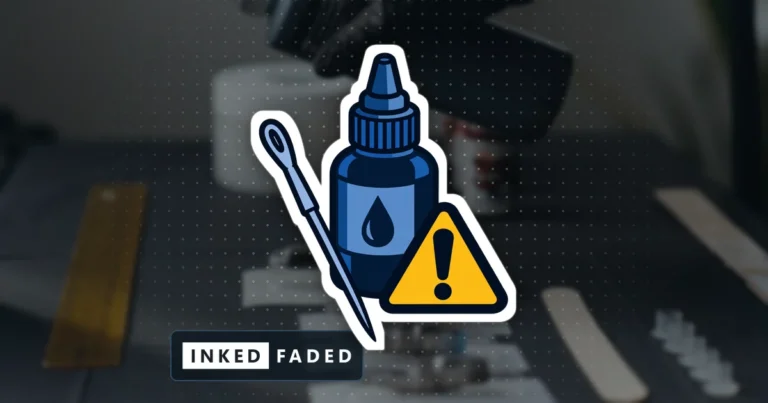 An illustrated sewing needle and an ink bottle with a warning triangle, on a darkened photo of needle cartridges and an ink bottle on a studio table