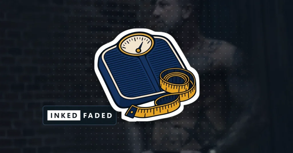 An illustrated bathroom scale and a coiled measuring tape, on a darkened photo of a muscular heavily tattooed man