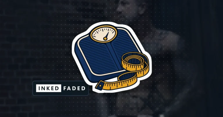 An illustrated bathroom scale and a coiled measuring tape, on a darkened photo of a muscular heavily tattooed man