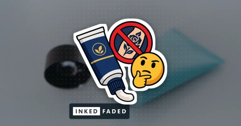 An illustrated cream tube beside a red prohibition sign over a rose tattoo, with a thinking face, on a darkened photo of an uncapped cream tube