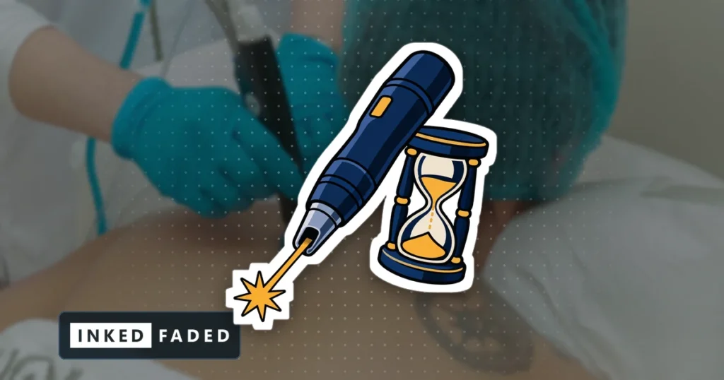 An illustrated laser handpiece emitting a beam beside an hourglass, on a darkened photo of a laser treatment on a back tattoo