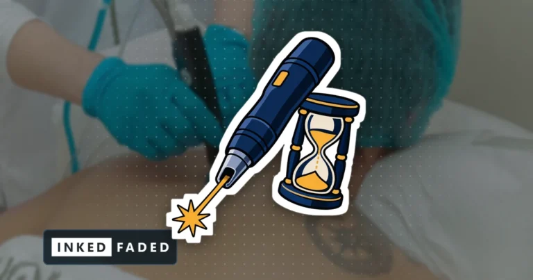 An illustrated laser handpiece emitting a beam beside an hourglass, on a darkened photo of a laser treatment on a back tattoo