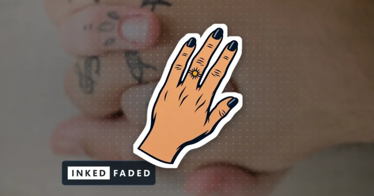 An illustrated hand with a small sun ring tattoo on one finger, on a darkened photo of clasped hands with small finger tattoos