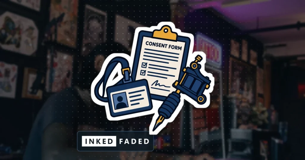 An illustrated ID card, clipboard and tattoo machine, on a darkened photo of an artist in a flash-covered shop under a neon sign