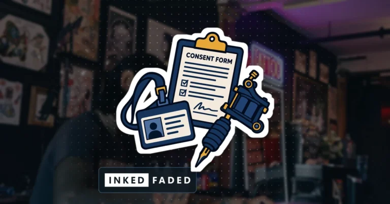 An illustrated ID card, clipboard and tattoo machine, on a darkened photo of an artist in a flash-covered shop under a neon sign