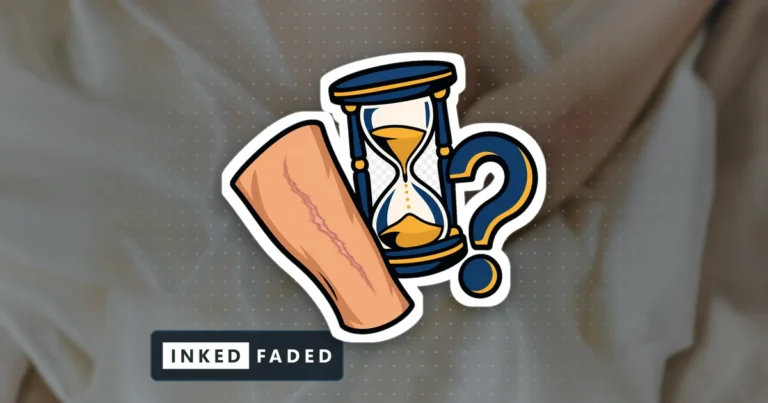 An illustrated healed scar line with an hourglass and a question mark, on a darkened photo of raised scars on a forearm