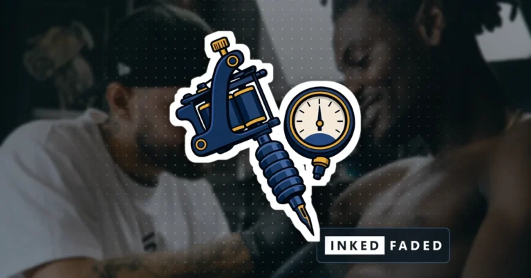 An illustrated tattoo machine beside a dial gauge, on a darkened photo of a man smiling while his arm is tattooed