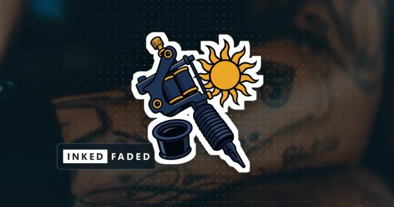 An illustrated tattoo machine, a black ink cap and a sun, on a darkened photo of saturated black-ink forearm tattoos