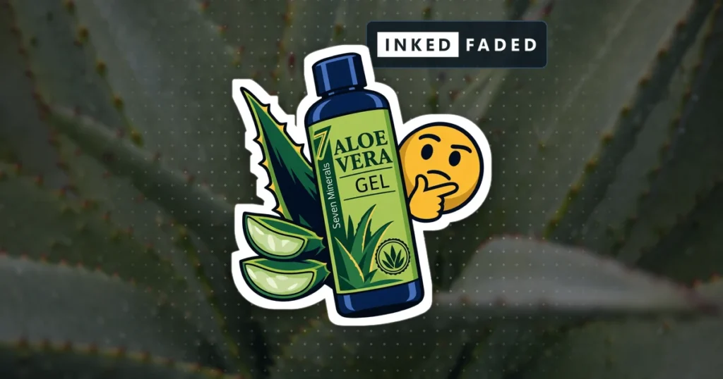 An illustrated bottle of Seven Minerals aloe vera gel with a cut aloe leaf and a thinking face, on a darkened photo of aloe leaves with water droplets