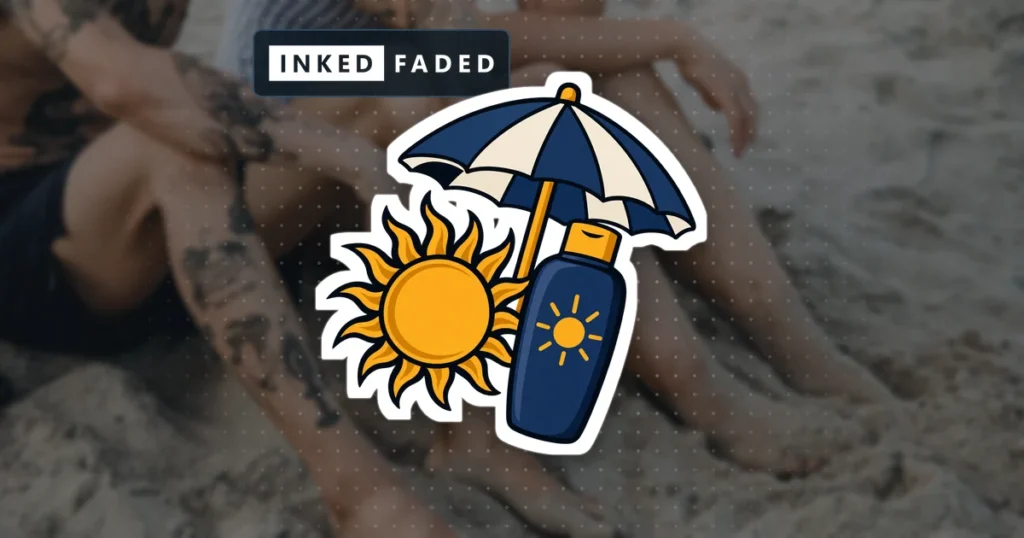 An illustrated sun, beach umbrella and sunscreen bottle, on a darkened photo of tattooed legs on a beach