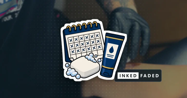 An illustrated calendar page with days crossed off beside a bar of soap and a lotion tube, on a darkened photo of a gloved hand wiping a fresh tattoo