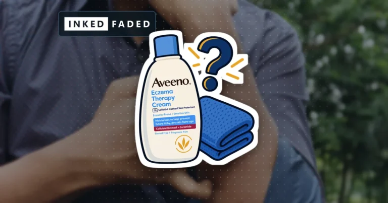 An illustrated bottle of Aveeno Eczema Therapy cream with a folded washcloth and a question mark, on a darkened photo of a man scratching his forearm