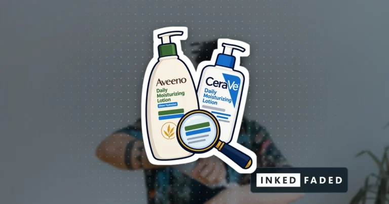Illustrated bottles of Aveeno and CeraVe daily moisturizing lotion with a magnifying glass, on a darkened photo of a man squeezing lotion onto his tattooed forearm
