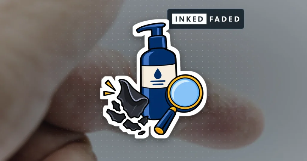Illustrated flakes of peeling skin breaking away beside a lotion pump bottle and a magnifying glass, on a darkened close-up photo of dry flaking skin