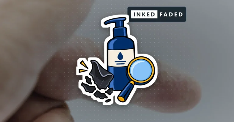 Illustrated flakes of peeling skin breaking away beside a lotion pump bottle and a magnifying glass, on a darkened close-up photo of dry flaking skin