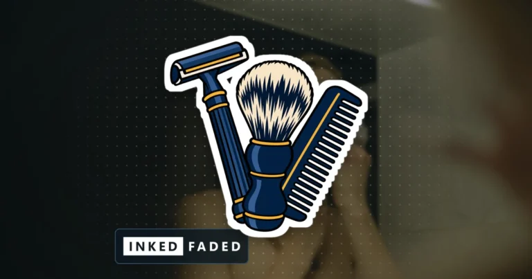 An illustrated safety razor, shaving brush and comb, on a darkened photo of a man shaving at a bathroom mirror