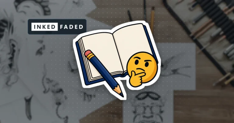 An illustrated open sketchbook and pencil with a thinking face, on a darkened photo of tattoo flash sheets and brushes
