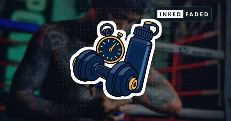 An illustrated dumbbell, stopwatch and water bottle, on a darkened photo of a tattooed fighter wrapping his hands ringside