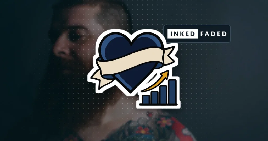 An illustrated flash-style heart with a blank banner beside a small bar chart, on a darkened photo of a bearded man with a chest tattoo